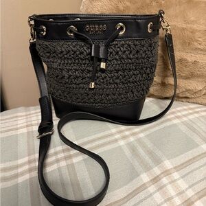 Guess Est 1981 Black Woven Straw Bucket Bag Crossbody